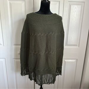 Lands End Poncho Womens L/XL Olive Wool Blend Cable Knit Fringe Cape Minimalist